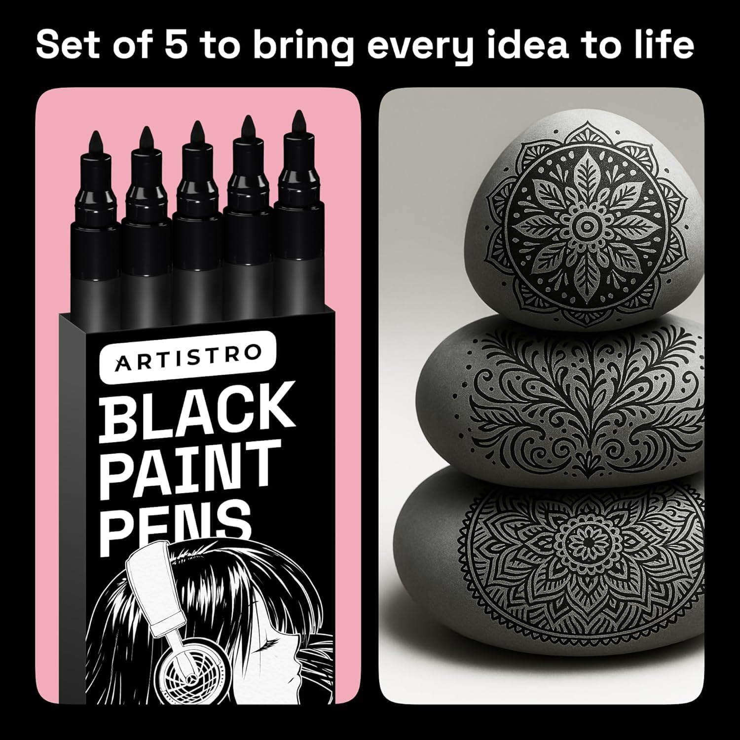 ARTISTRO 5 Black Paint Pen for Rock, Glass, Ceramic, Wood, Tire, Fabric, Metal, Canvas, Marking, Painting - Set of 5 Acrylic Paint Markers Water-based