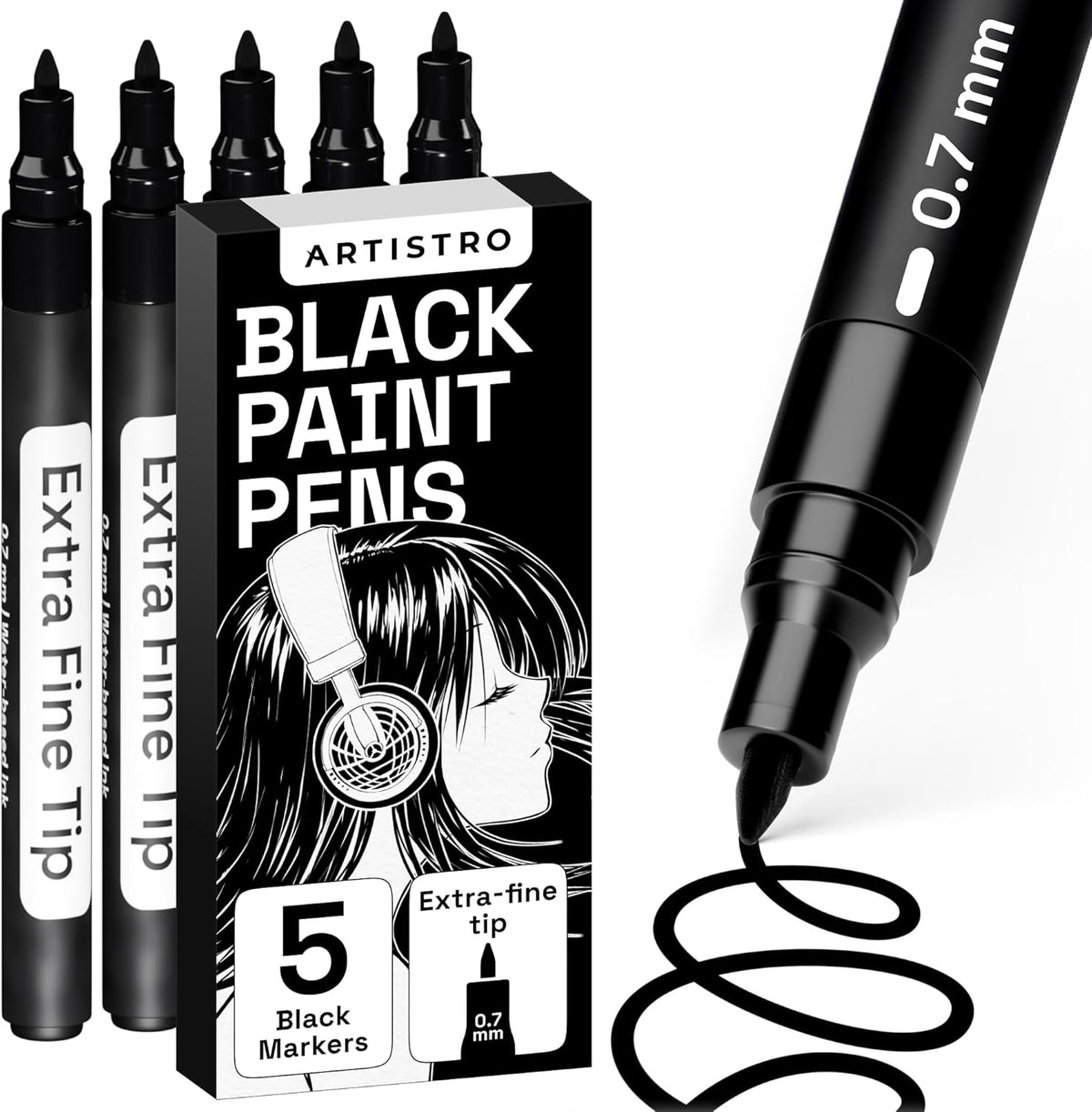 ARTISTRO 5 Black Paint Pen for Rock, Glass, Ceramic, Wood, Tire, Fabric, Metal, Canvas, Marking, Painting - Set of 5 Acrylic Paint Markers Water-based