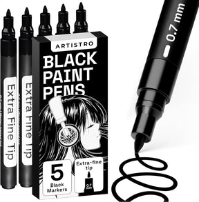 ARTISTRO 5 Black Paint Pen for Rock, Glass, Ceramic, Wood, Tire, Fabric, Metal, Canvas, Marking, Painting - Set of 5 Acrylic Paint Markers Water-based