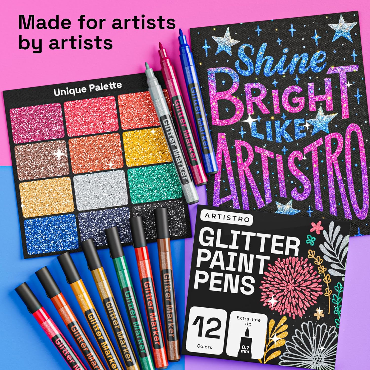 ARTISTRO 12 Glitter Paint Pens for Glass Marking, Rock Painting, Ceramic, Wood, Fabric, Scrapbooking, DIY Craft Making, Coloring - Acrylic Paint Markers Extra-Fine Tip 0.7mm