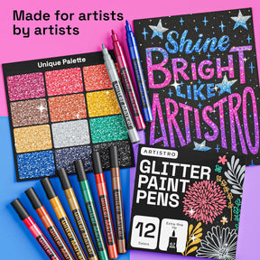 ARTISTRO 12 Glitter Paint Pens for Glass Marking, Rock Painting, Ceramic, Wood, Fabric, Scrapbooking, DIY Craft Making, Coloring - Acrylic Paint Markers Extra-Fine Tip 0.7mm