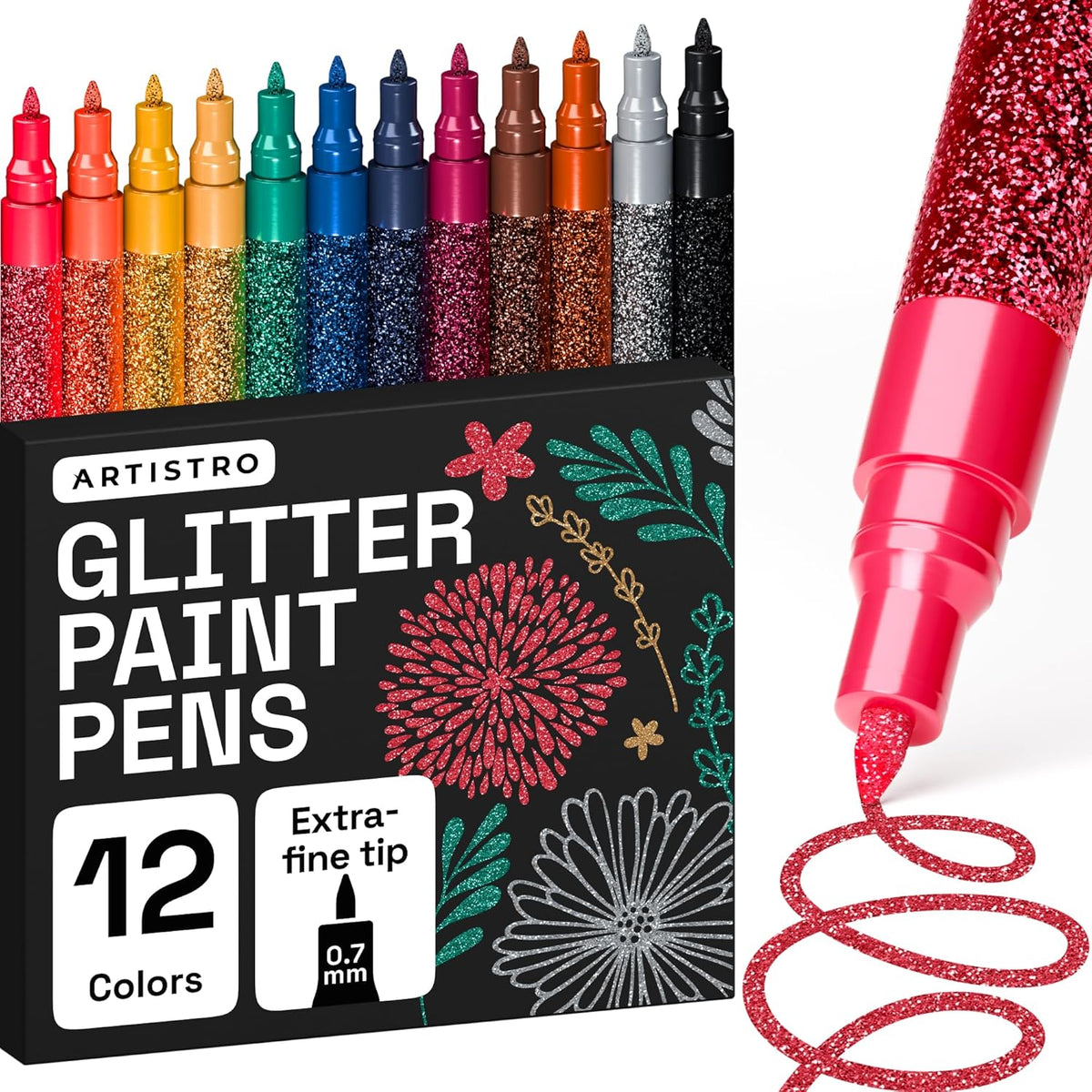 ARTISTRO 12 Glitter Paint Pens for Glass Marking, Rock Painting, Ceramic, Wood, Fabric, Scrapbooking, DIY Craft Making, Coloring - Acrylic Paint Markers Extra-Fine Tip 0.7mm