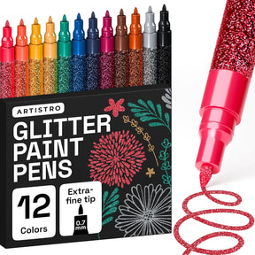 ARTISTRO 12 Glitter Paint Pens for Glass Marking, Rock Painting, Ceramic, Wood, Fabric, Scrapbooking, DIY Craft Making, Coloring - Acrylic Paint Markers Extra-Fine Tip 0.7mm