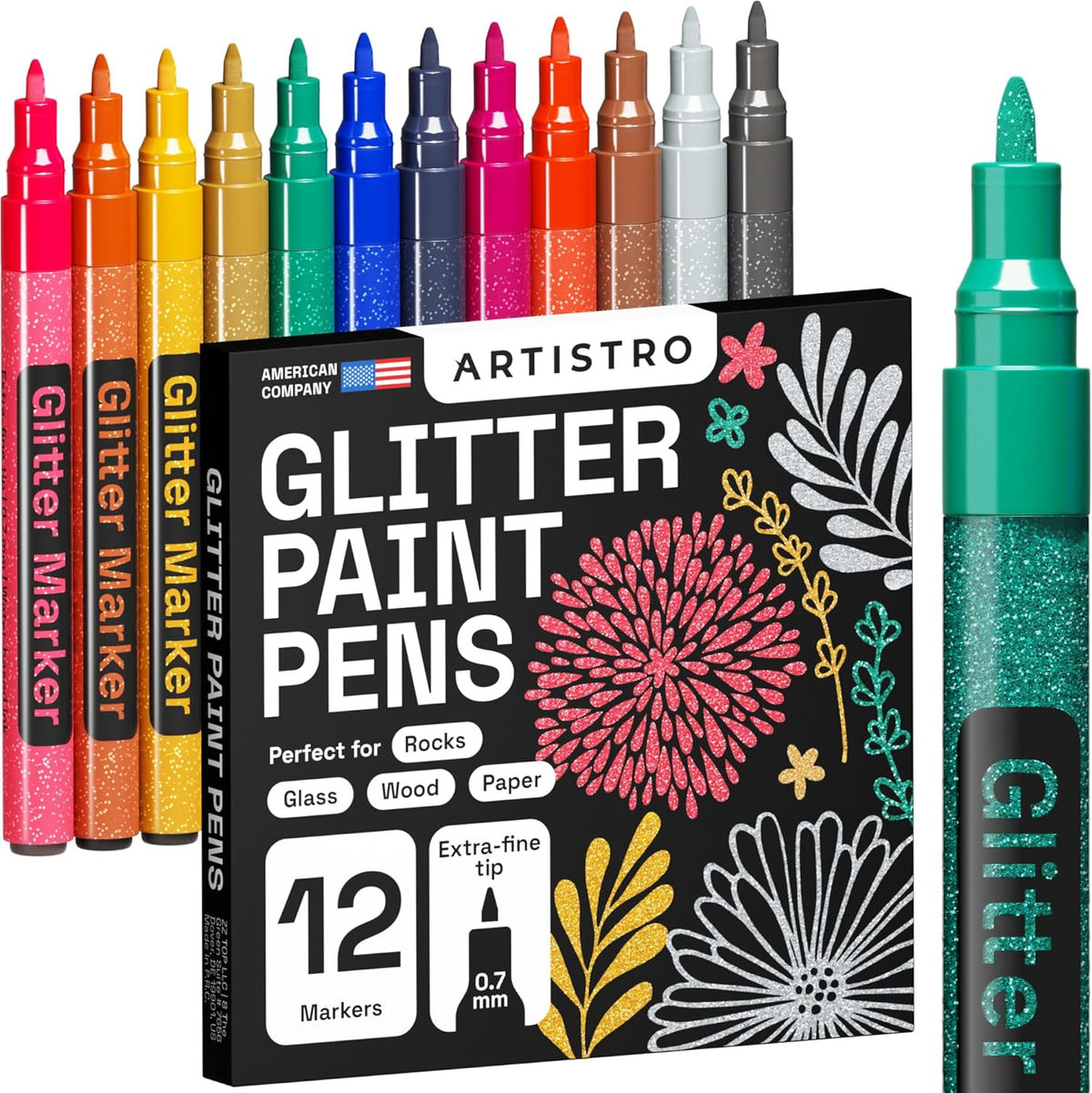 12 Glitter Paint Pens Sparkly and Shiny for Rock Painting, Stone, Ceramic, Glass, Wood, Fabric, Scrapbooking, DIY Craft Making, Coloring, Acrylic Glitter Markers Extra-Fine Tip 0.7mm