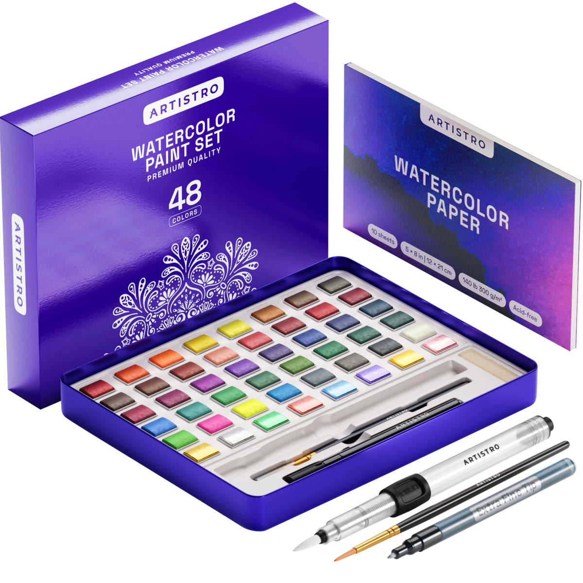 Watercolor Paint Set, 48 Vivid Colors in Portable Box, Including Metallic and Fluorescent Colors. Perfect Travel Waterco