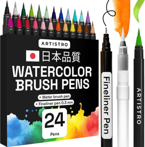 ARTISTRO 24 Watercolor Markers with Flexible Brush Pens for Pros & Beginners - Consistent, Smooth, Washable, Non-Toxic, Ideal for Coloring, Calligraphy, & Manga