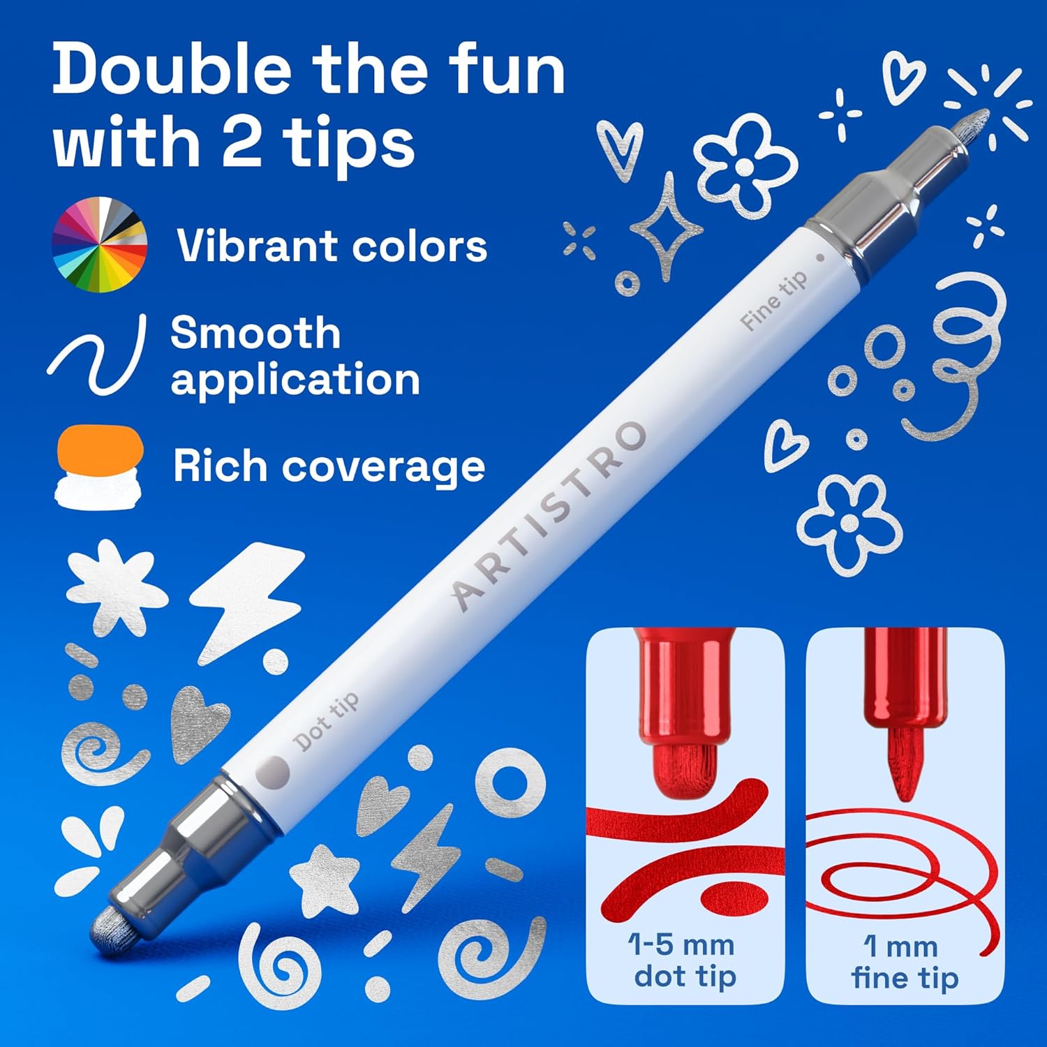 ARTISTRO 24 Metallic Precision Dual-Tip Acrylic Paint Markers – Paint Pens Set with Dot & Fine Tips for Fabric, Rock, Glass, Wood, Coloring Books – Classroom & Art Supplies Teacher Appreciation Gift