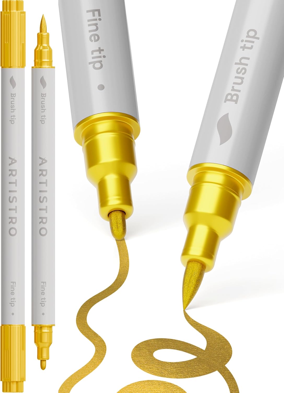 ARTISTRO 2 Gold Dual-Tip Acrylic Paint Pens - Multisurface Markers for Fabric, Plastic, & More, 1 mm Fine & Brush Tips