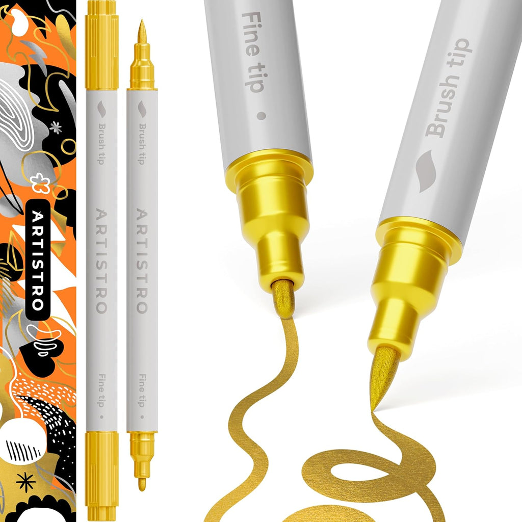 ARTISTRO 2 Gold Dual-Tip Acrylic Paint Pens - Multisurface Markers for