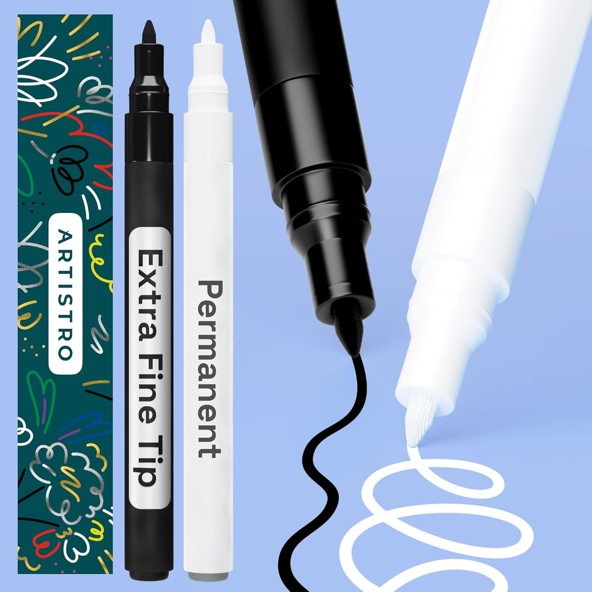 ARTISTRO 2 Black & White Permanent Marker - Waterproof Markers for Tire, Fabric, Rocks, Glass, Ceramic, Wood, Paper - Oil Based Paint Pens - Extra-Fine Tip 0.7mm