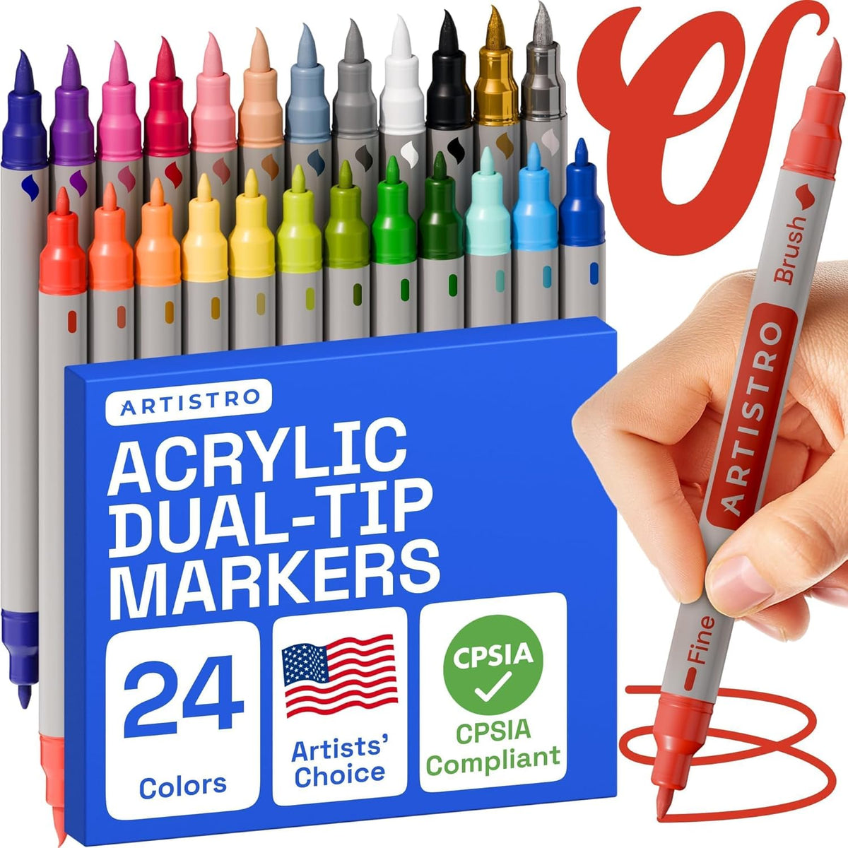 ARTISTRO 24 Dual Tip Fabric Markers - Acrylic Drawing Markers for All Ages & Levels - Fabric Paint Pens for Personalizing Clothes, T Shirts, Bags, Canvas, Textiles (Brush + Fine)