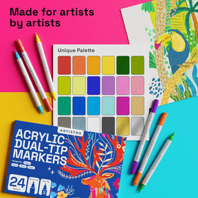 ARTISTRO 24 Dual Tip Fabric Markers - Acrylic Drawing Markers for All Ages & Levels - Fabric Paint Pens for Personalizing Clothes, T Shirts, Bags, Canvas, Textiles (Brush + Fine)