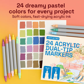 ARTISTRO 24 Pastel Acrylic Paint Markers - Paint Pens for Drawing, Brush + Fine Tips - For Fabric, Rock, Glass, Wood, DIY - Art & Craft Supplies for Adults, Teens, Kids - Teacher Appreciation Gift