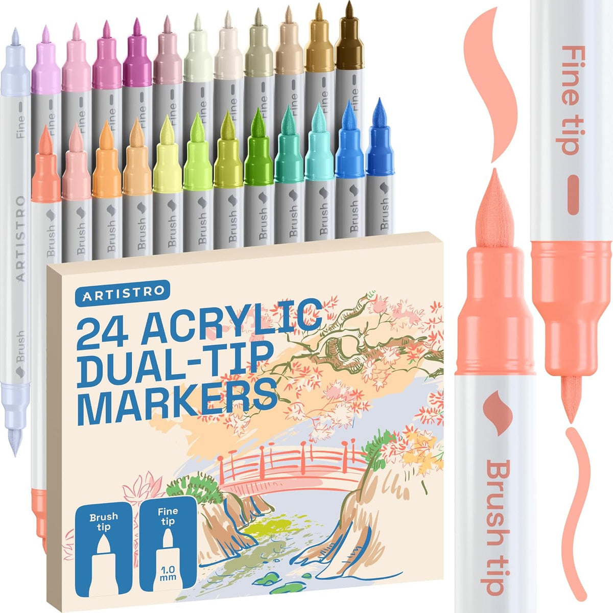 ARTISTRO 24 Pastel Acrylic Paint Markers - Paint Pens for Drawing, Brush + Fine Tips - For Fabric, Rock, Glass, Wood, DIY - Art & Craft Supplies for Adults, Teens, Kids - Teacher Appreciation Gift