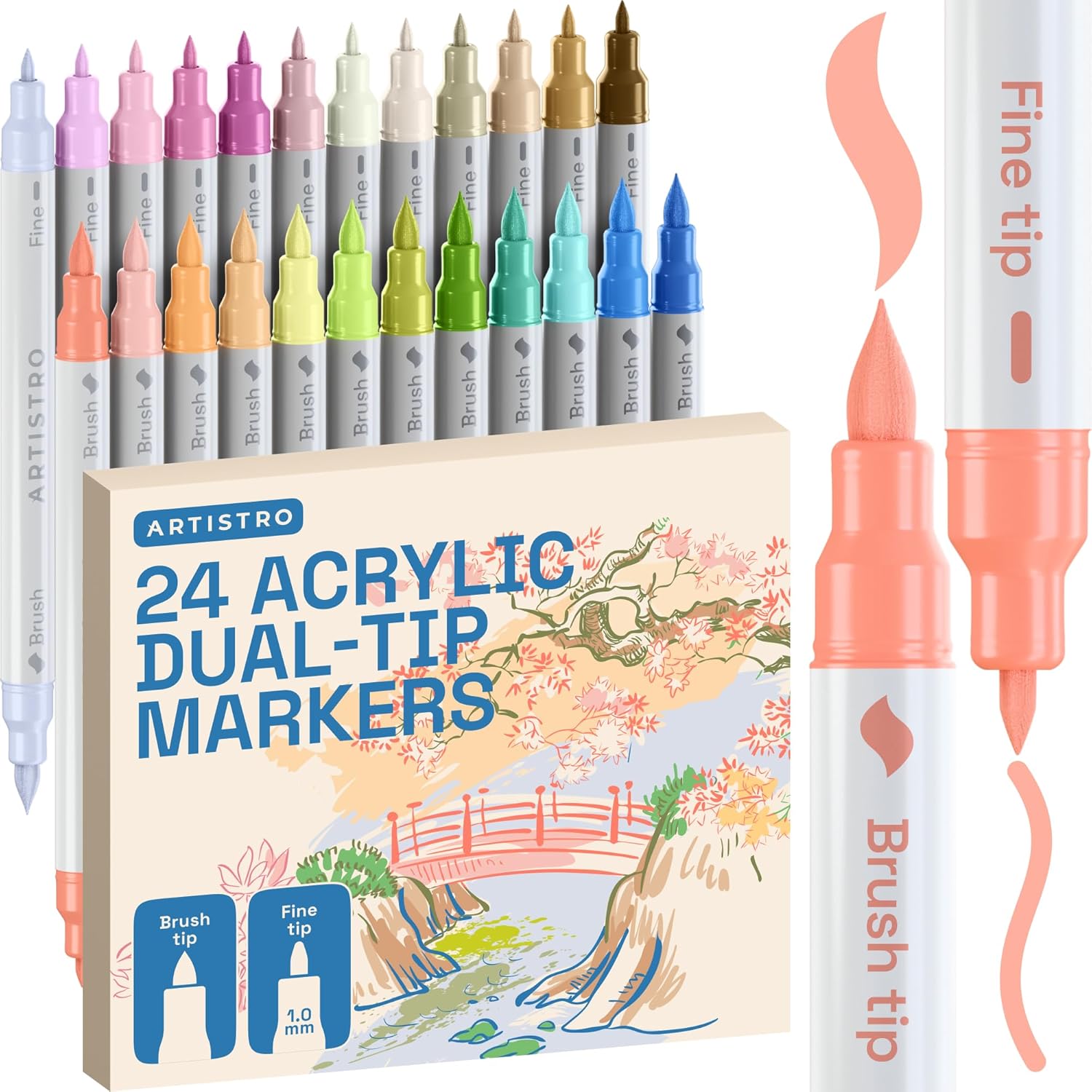 ARTISTRO 24 Pastel Acrylic Paint Markers - Paint Pens for Drawing, Brush + Fine Tips - For Fabric, Rock, Glass, Wood, DIY - Art & Craft Supplies for Adults, Teens, Kids - Teacher Appreciation Gift