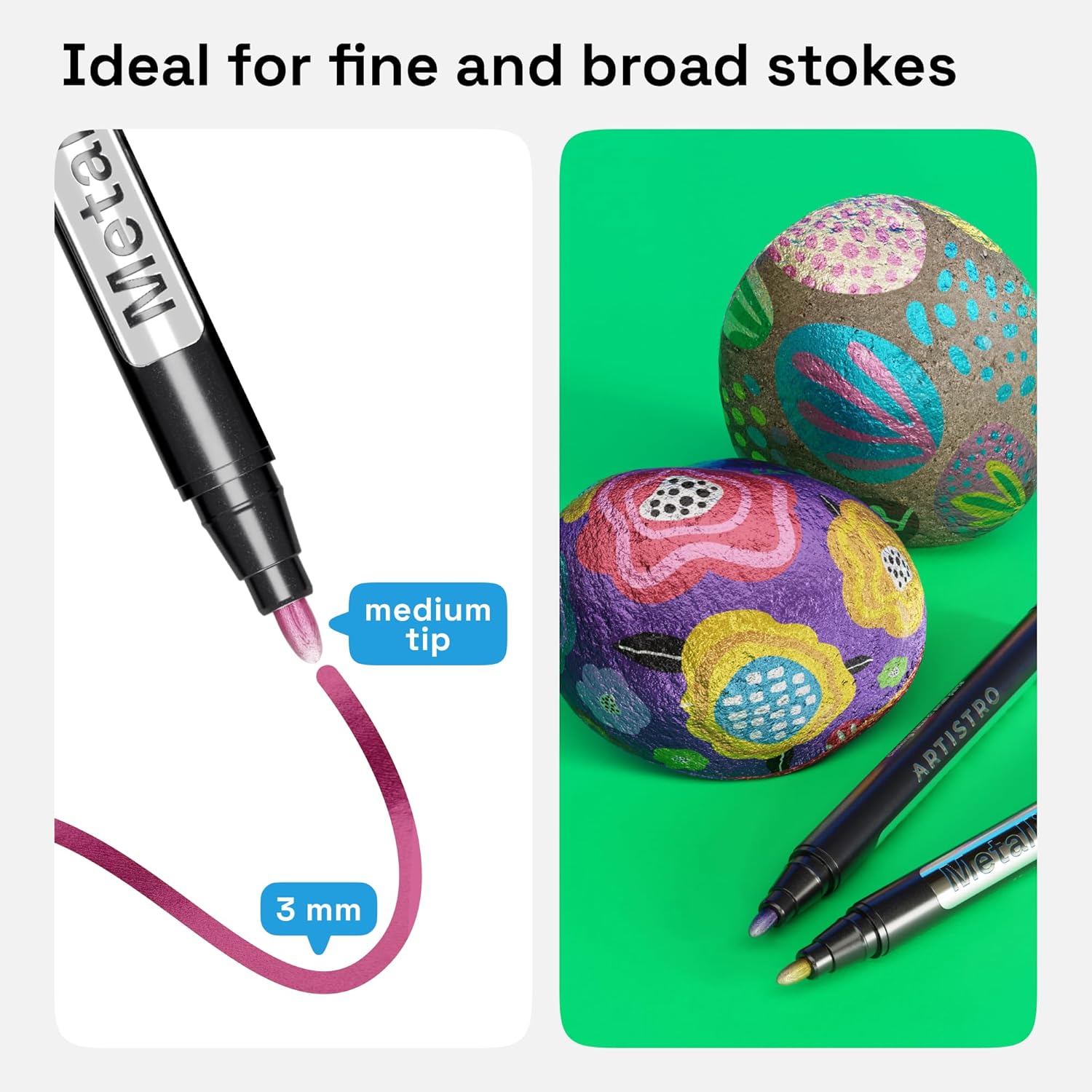 ARTISTRO Paint Pens for Rock Painting, Stone, Ceramic, Glass, Wood, Fabric, Scrapbooking, DIY Craft Making (24 Metallic Medium Tip)