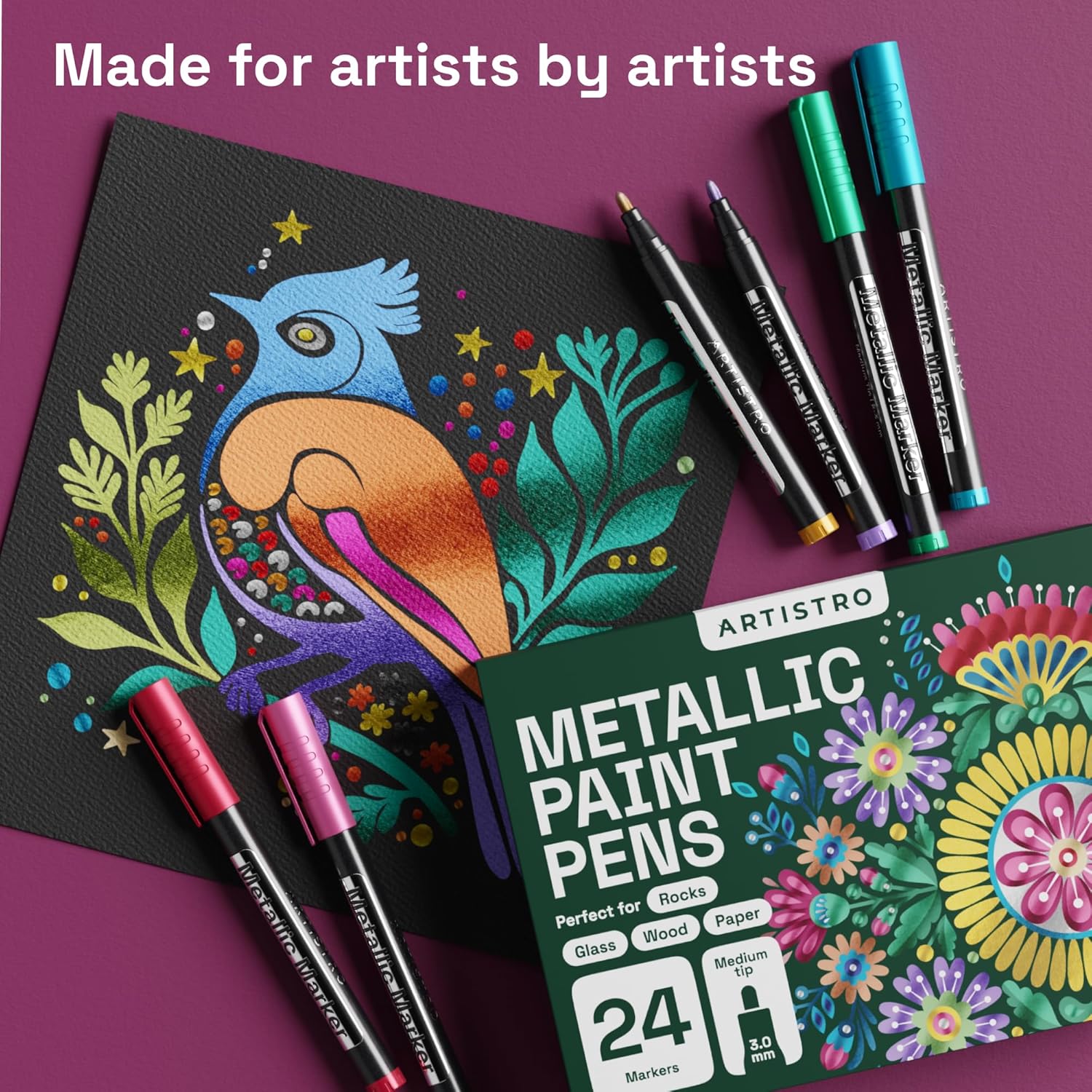 ARTISTRO Paint Pens for Rock Painting, Stone, Ceramic, Glass, Wood, Fabric, Scrapbooking, DIY Craft Making (24 Metallic Medium Tip)