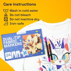 ARTISTRO 24 Dual-Tip Fabric Markers - Fabric Decorating Kit - Permanent for Clothes - No Bleed Pens for T-Shirts, Bags, Textile, Canvas, and More (Brush Tip and Fine Tip)