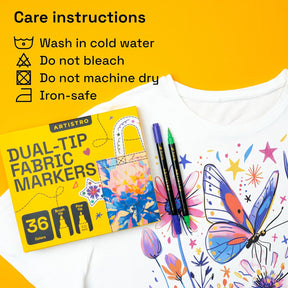 ARTISTRO 36 Dual-Tip Fabric Markers - Fabric Decorating Kit - Permanent for Clothes - No Bleed Pens for T-Shirts, Bags, Textile, Canvas, and More (Brush Tip and Fine Tip)