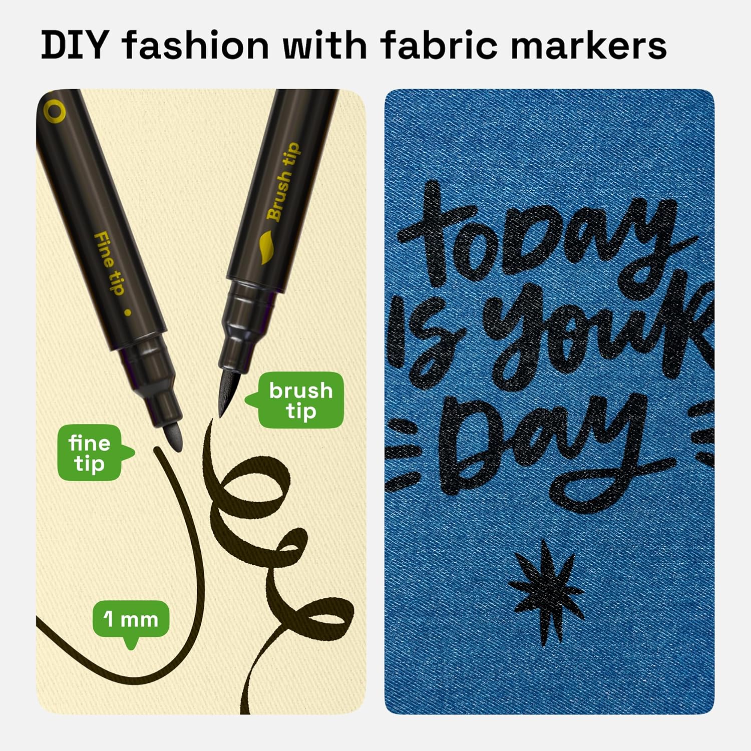 ARTISTRO 2 Black Dual-Tip Fabric Markers - Fabric Decorating Kit - Permanent for Clothes - No Bleed Pens for T-Shirts, Bags, Textile, Canvas, and More (Brush Tip and Fine Tip)