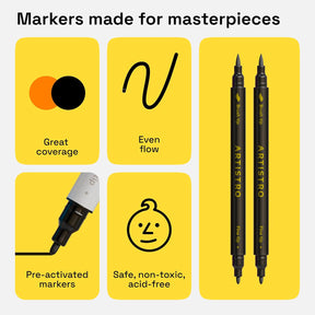 ARTISTRO 2 Black Dual-Tip Fabric Markers - Fabric Decorating Kit - Permanent for Clothes - No Bleed Pens for T-Shirts, Bags, Textile, Canvas, and More (Brush Tip and Fine Tip)