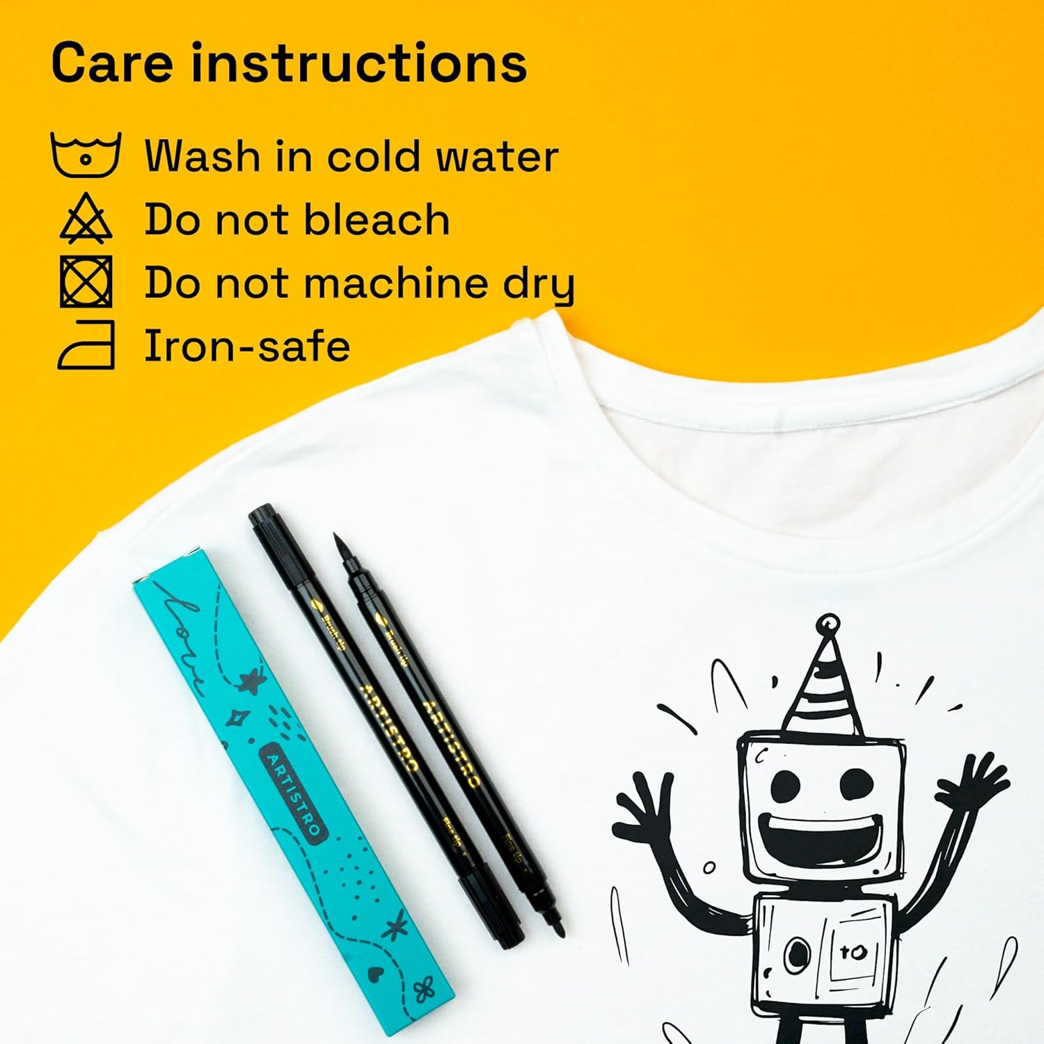 ARTISTRO 2 Black Dual-Tip Fabric Markers - Fabric Decorating Kit - Permanent for Clothes - No Bleed Pens for T-Shirts, Bags, Textile, Canvas, and More (Brush Tip and Fine Tip)