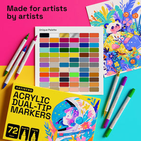 ARTISTRO Dual Tip Acrylic Paint Markers - Easy for All Ages & Levels Acrylic Paint Pens for Fabric, Rocks, Paper, Wood, Canvas, Glass, DIY (Dual Tip Brush + Fine, 72)