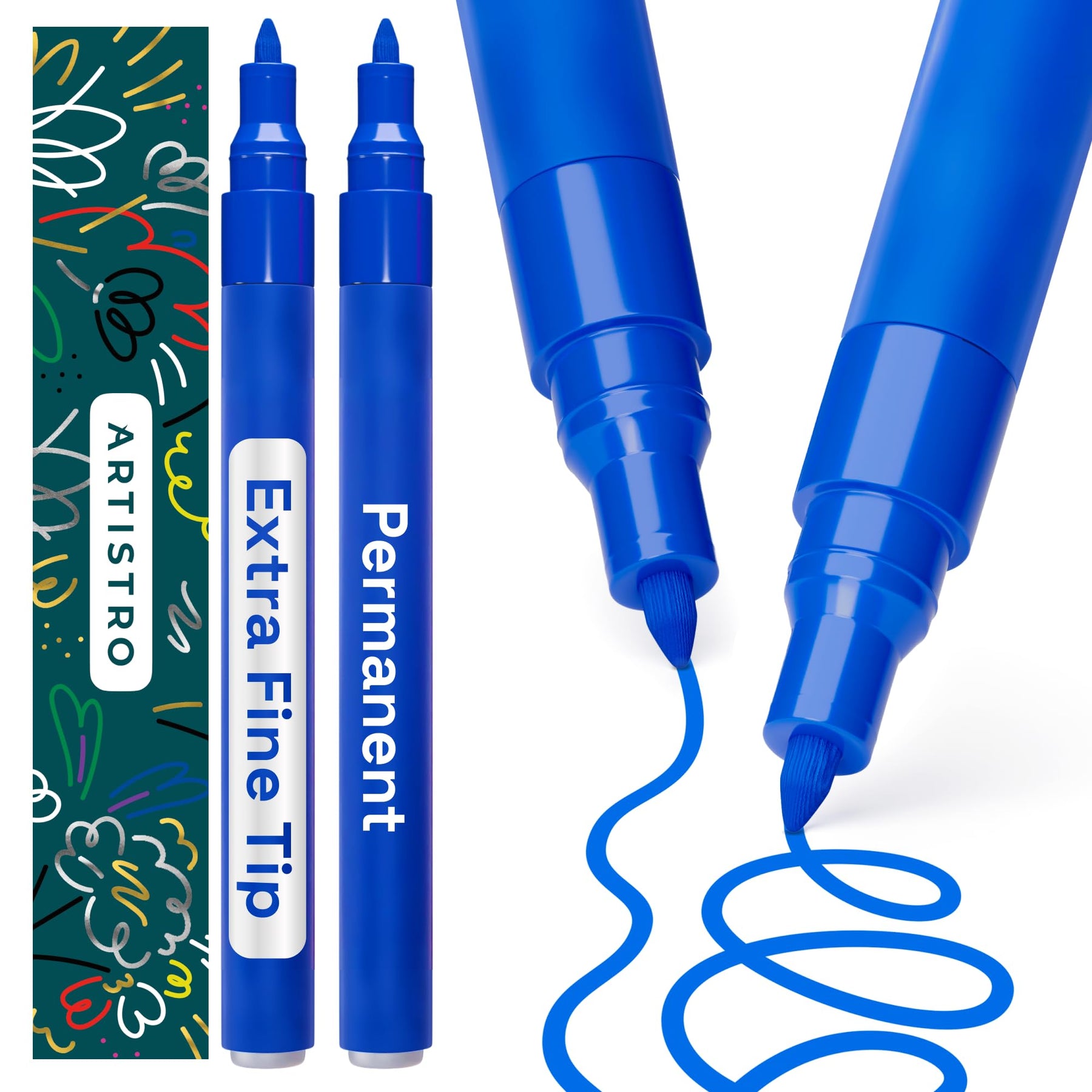 ARTISTRO Blue Permanent Marker - Set of 2 Blue Paint Pen, Oil Based Paint Markers Extra-Fine Tip 0.7mm, Waterproof Quick Dry Marker for Rock Painting, Ceramic, Glass, Wood, Tire, Fabric & More