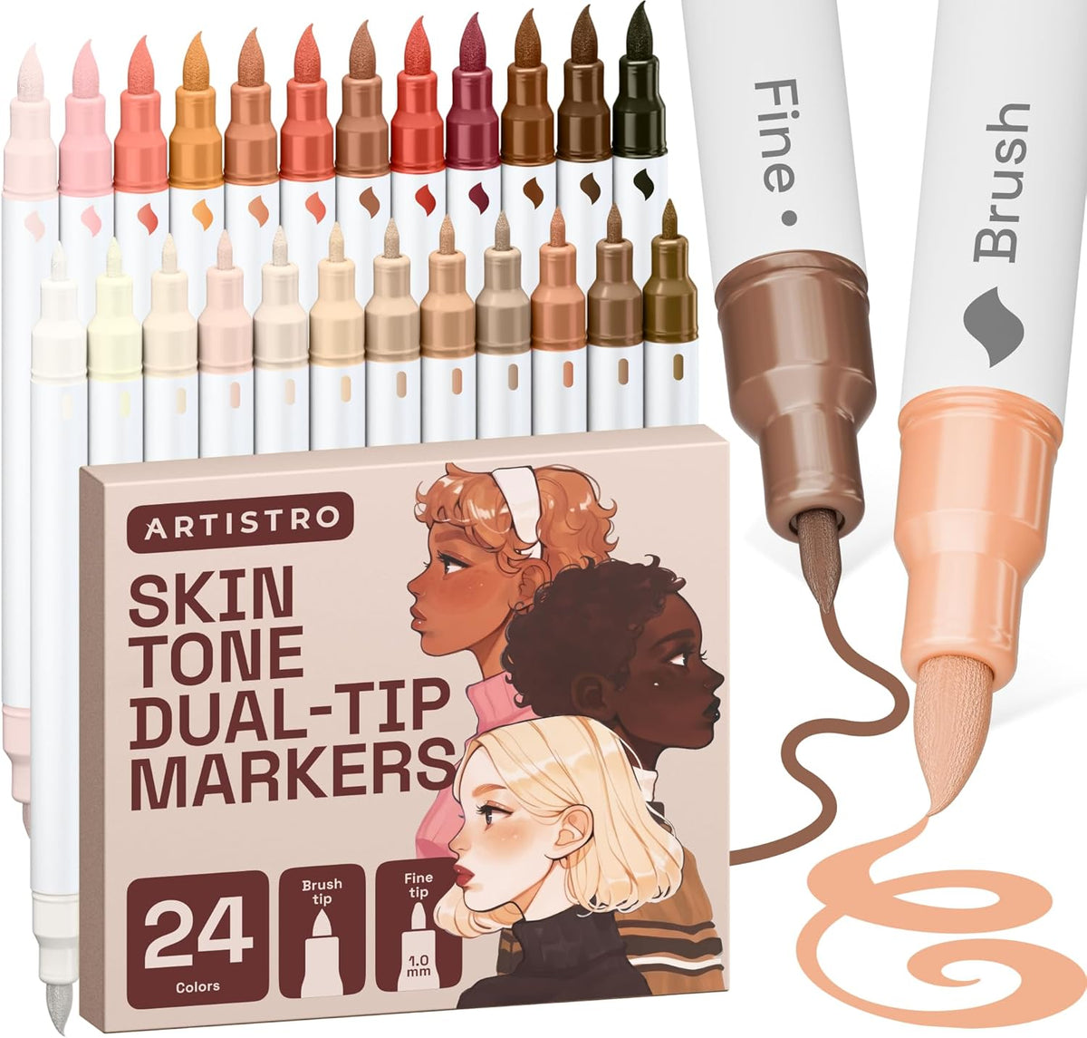ARTISTRO 24 Skin Colors Acrylic Paint Markers - Paint Pens for Drawing, Brush + Fine Tips For Fabric, Rock, Glass, Wood, DIY - Art & Craft Supplies for Adults, Teens, Kids - Teacher Appreciation Gift