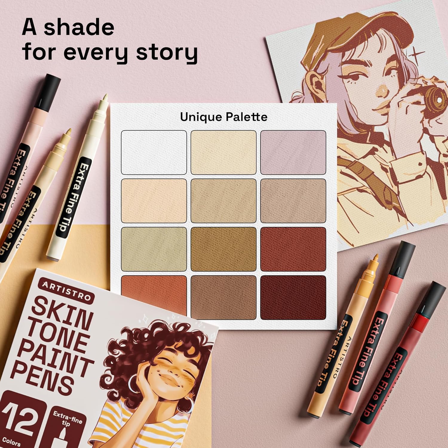 ARTISTRO 12 Skin Tones Acrylic Paint Markers Water-based Extra-fine Tip - Multi-Surface Paint Pens in Soft Colors