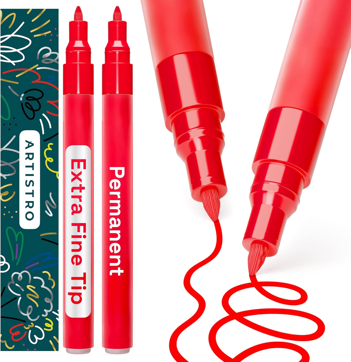ARTISTRO Red Permanent Marker - Set of 2 RedPaint Pen, Oil Based Paint Markers Extra-Fine Tip 0.7mm, Waterproof Quick Dry Red Marker for Rock Painting, Ceramic, Glass, Wood, Tire, Fabric & More
