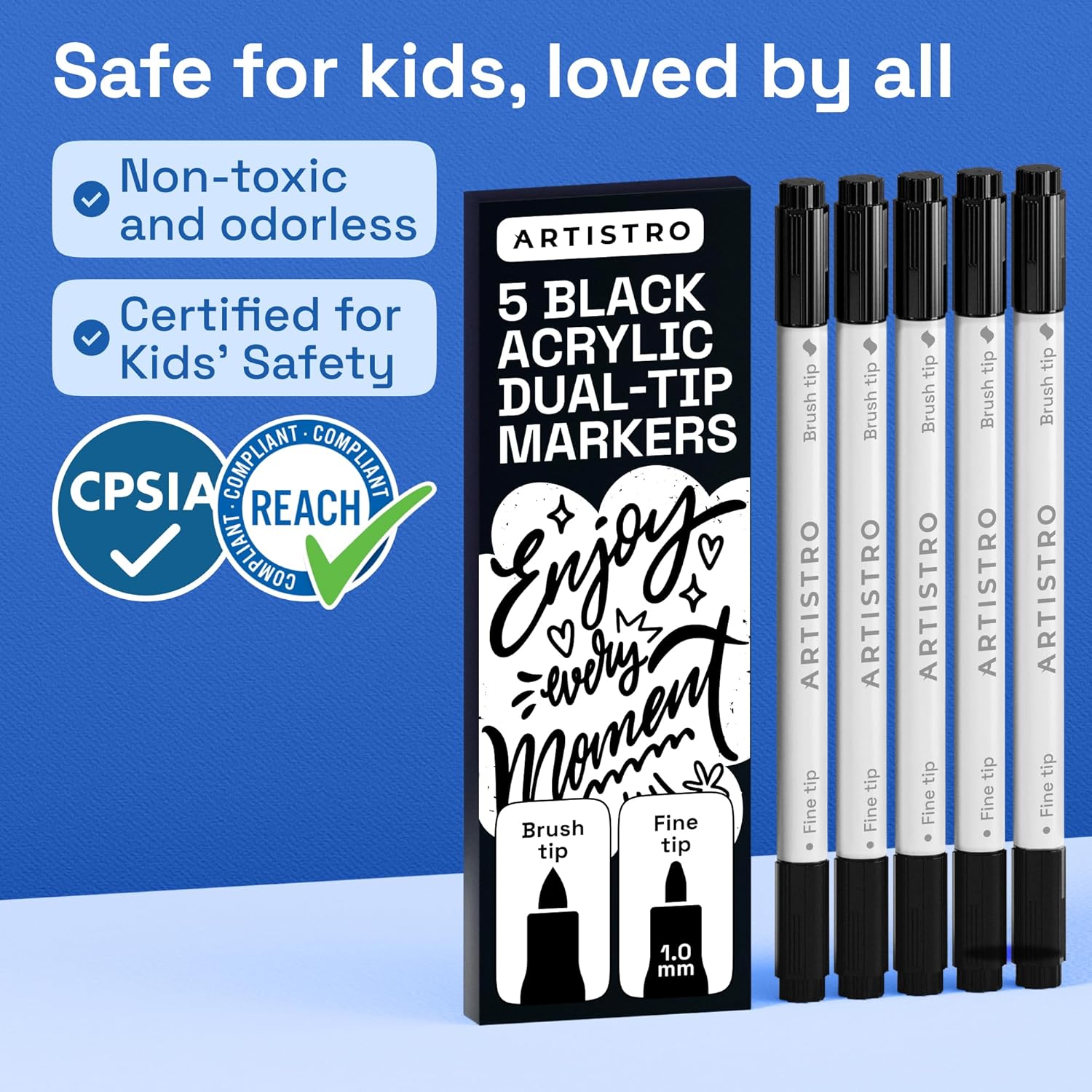 ARTISTRO 5 Black Acrylic Paint Markers - Paint Pens for Drawing, Brush + Fine Tips - For Fabric, Rock, Glass, Wood, DIY - Art & Craft Supplies for Adults, Teens, Kids - Teacher Appreciation Gift