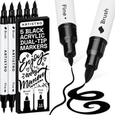 ARTISTRO 5 Black Acrylic Paint Markers - Paint Pens for Drawing, Brush + Fine Tips - For Fabric, Rock, Glass, Wood, DIY - Art & Craft Supplies for Adults, Teens, Kids - Teacher Appreciation Gift