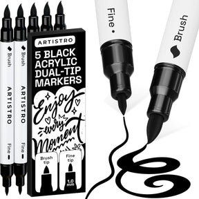 ARTISTRO 5 Black Acrylic Paint Markers - Paint Pens for Drawing, Brush + Fine Tips - For Fabric, Rock, Glass, Wood, DIY - Art & Craft Supplies for Adults, Teens, Kids - Teacher Appreciation Gift