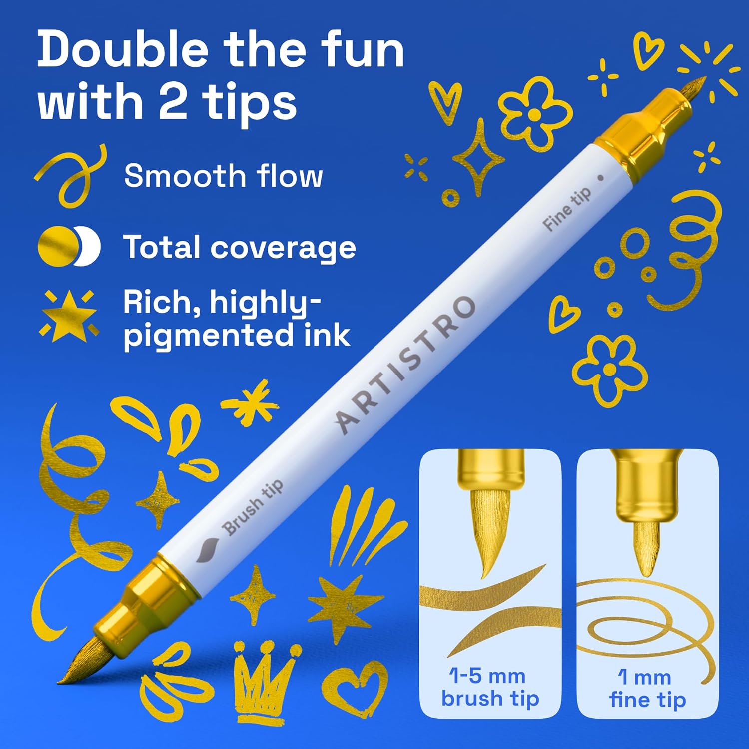 ARTISTRO 5 Gold Acrylic Paint Markers - Paint Pens for Drawing, Brush + Fine Tips - For Fabric, Rock, Glass, Wood, DIY - Art & Craft Supplies for Adults, Teens, Kids - Teacher Appreciation Gift