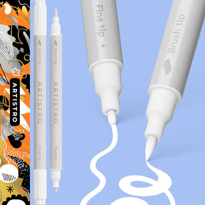 ARTISTRO 2 White Dual-Tip Acrylic Paint Pens - Multisurface Markers for Fabric, Plastic, & More, 1 mm Fine & Brush Tips