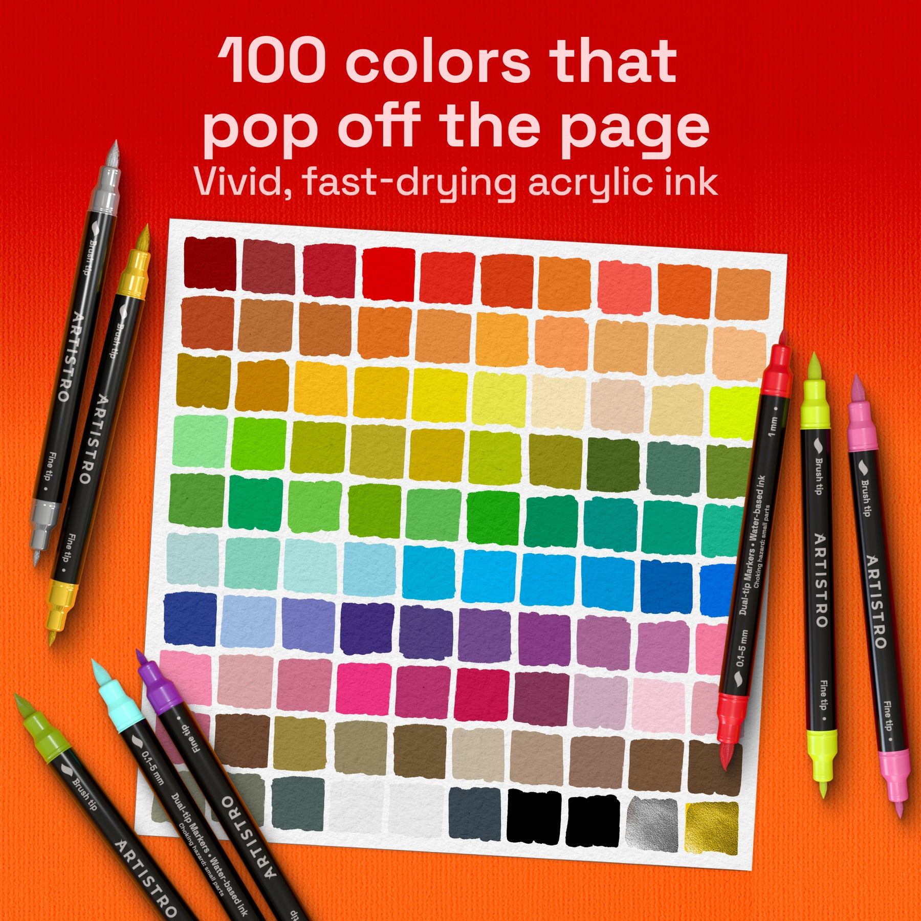ARTISTRO 100 Dual Tip Acrylic Paint Markers, Paint Pens, Drawing Markers for Textile, Rock, Glass, Wood, Paper, Ceramic, Canvas, DIY, Art Supplies Kit for Kids and Adults (Brush + Fine)