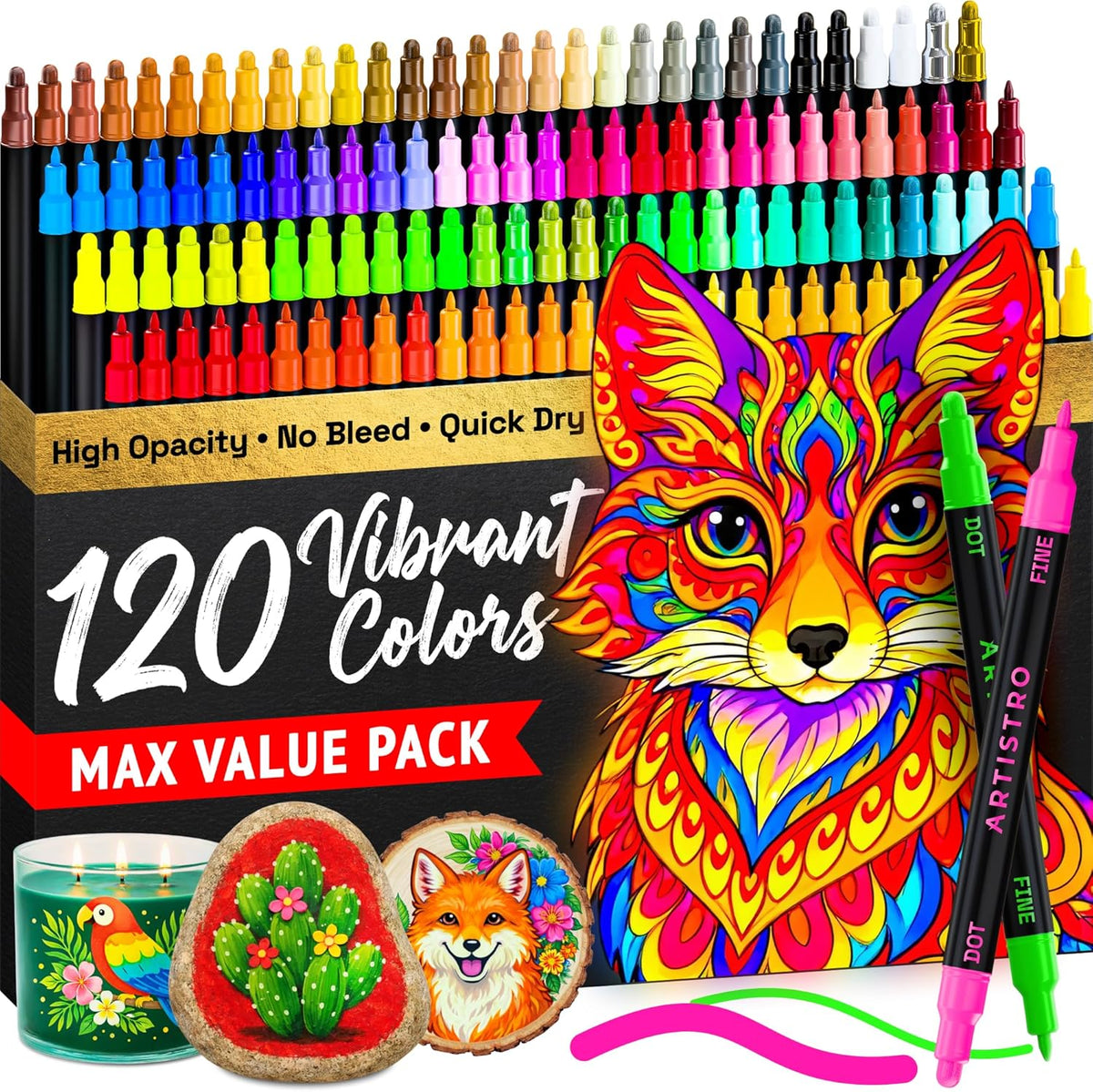 ARTISTRO 120 Precision Dual-Tip Acrylic Paint Markers – Paint Pens Set with Dot & Fine Tips for Fabric, Rock, Glass, Wood, Coloring Books – Classroom & Art Supplies Gift – Teacher Appreciation Gift