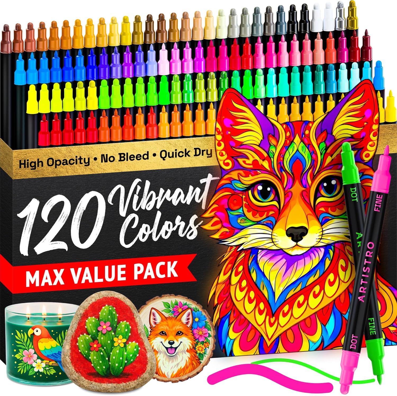 ARTISTRO 120 Precision Dual-Tip Acrylic Paint Markers – Paint Pens Set with Dot & Fine Tips for Fabric, Rock, Glass, Wood, Coloring Books – Classroom & Art Supplies Gift – Teacher Appreciation Gift