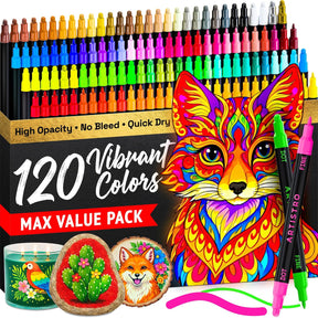 ARTISTRO 120 Precision Dual-Tip Acrylic Paint Markers – Paint Pens Set with Dot & Fine Tips for Fabric, Rock, Glass, Wood, Coloring Books – Classroom & Art Supplies Gift – Teacher Appreciation Gift