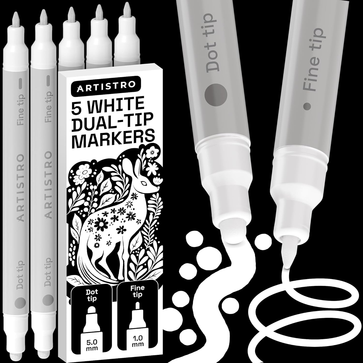 ARTISTRO 5 White Precision Dual-Tip Acrylic Paint Markers – Paint Pens Set with Dot & Fine Tips for Fabric, Rock, Glass, Wood, Coloring Books – Classroom & Art Supplies Gift Teacher Appreciation Gift
