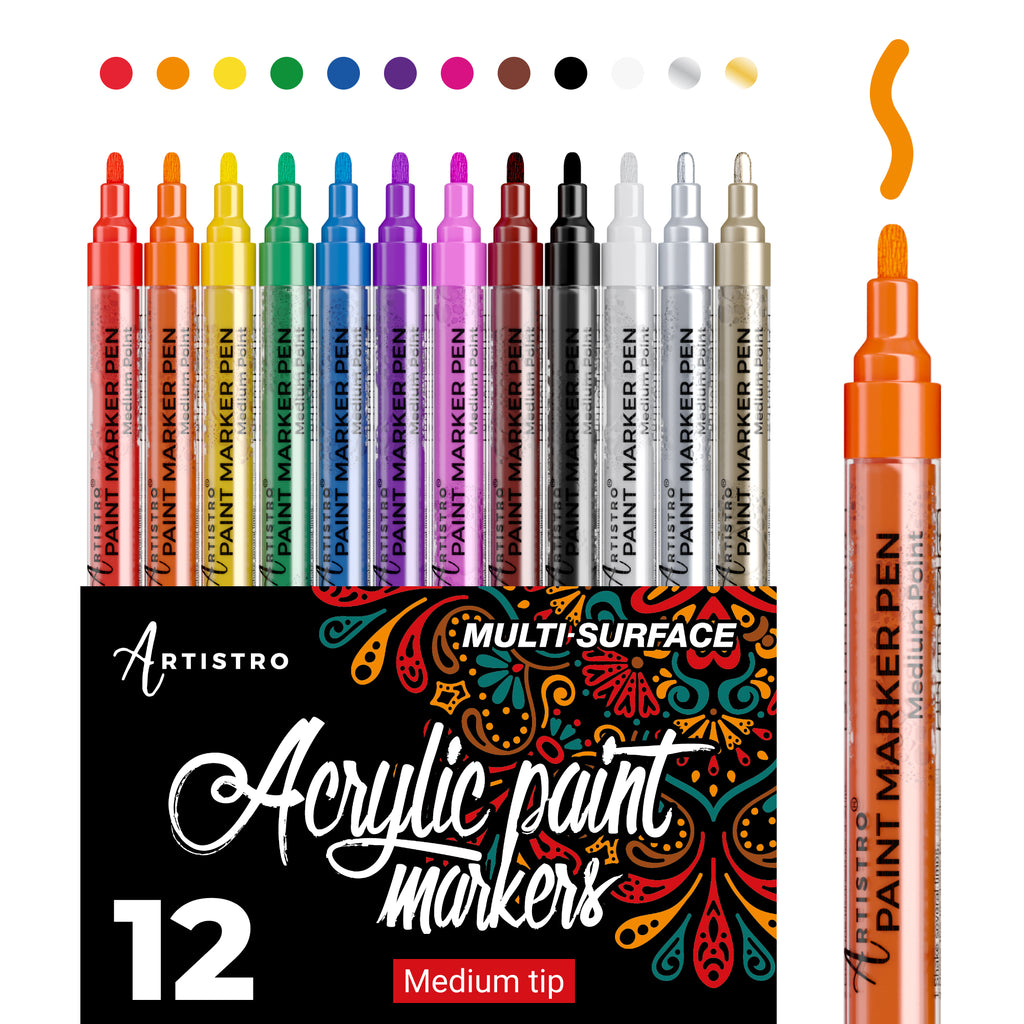 Artistro Set of 12 Acrylic Black Paint Pens Medium Tip, Size: Medium Point Tip 2-3mm