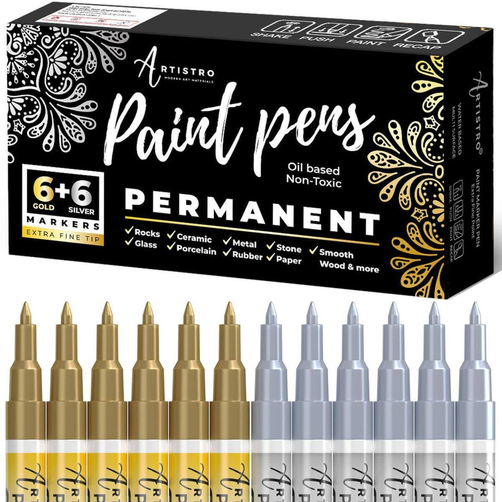  Gold Silver Paint Pens Paint Markers, 6 Pack Waterproof  Oil-Based Paint Pen Set Quick Dry and Permanent Markers with 2 Extra Chisel  Tips for Rock Painting, Stone, Wood, Plastic, Glass, Mugs