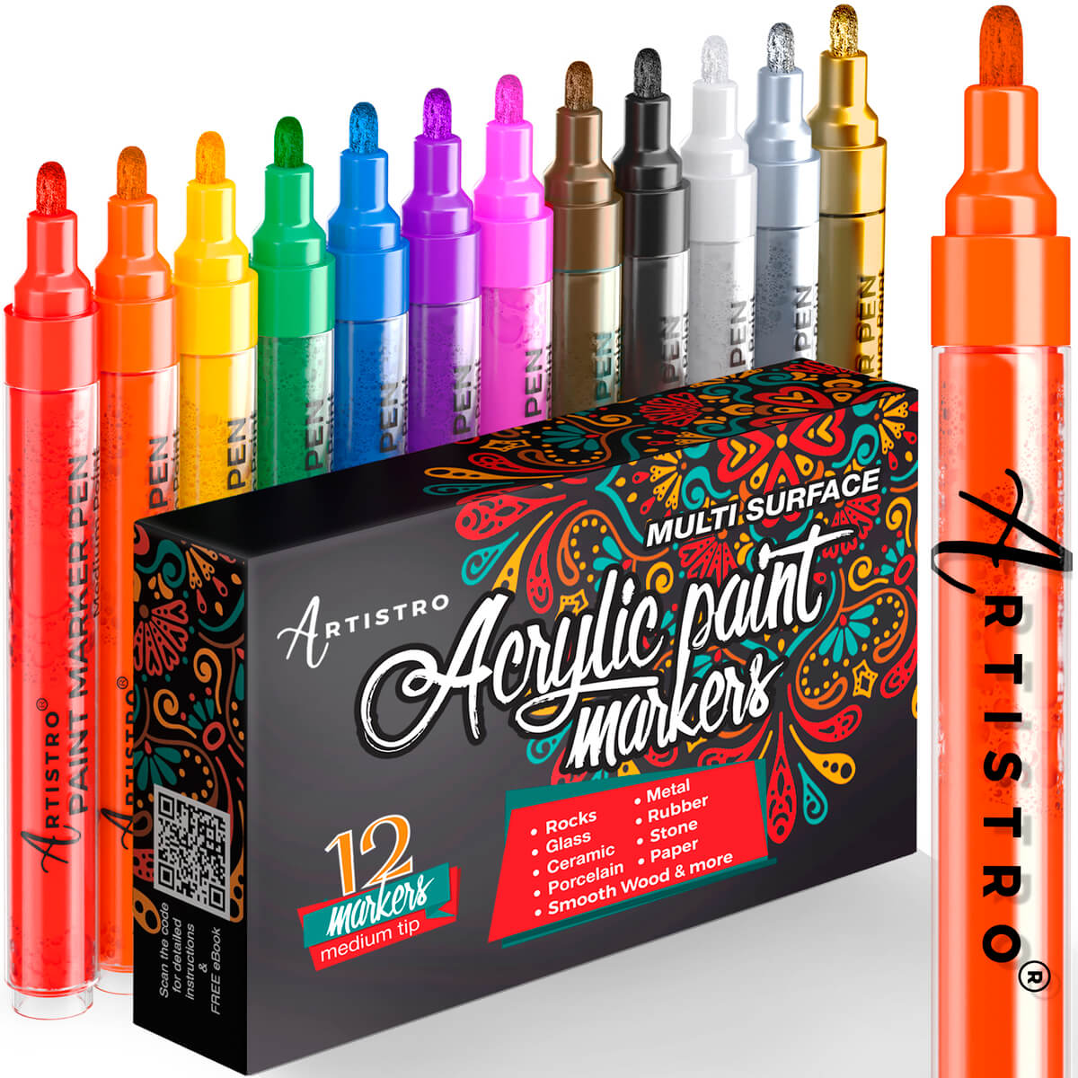 Artistro Acrylic Paint Pens, for Fabric, Glass, Medium Tip, 12 Colored  Paint Markers
