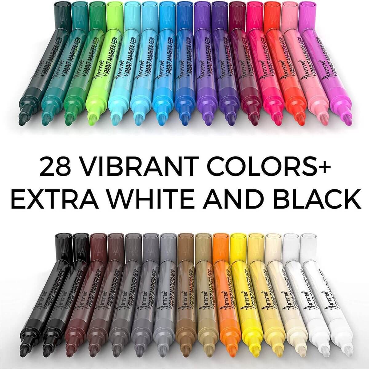 28 vibrant colors + extra white and black