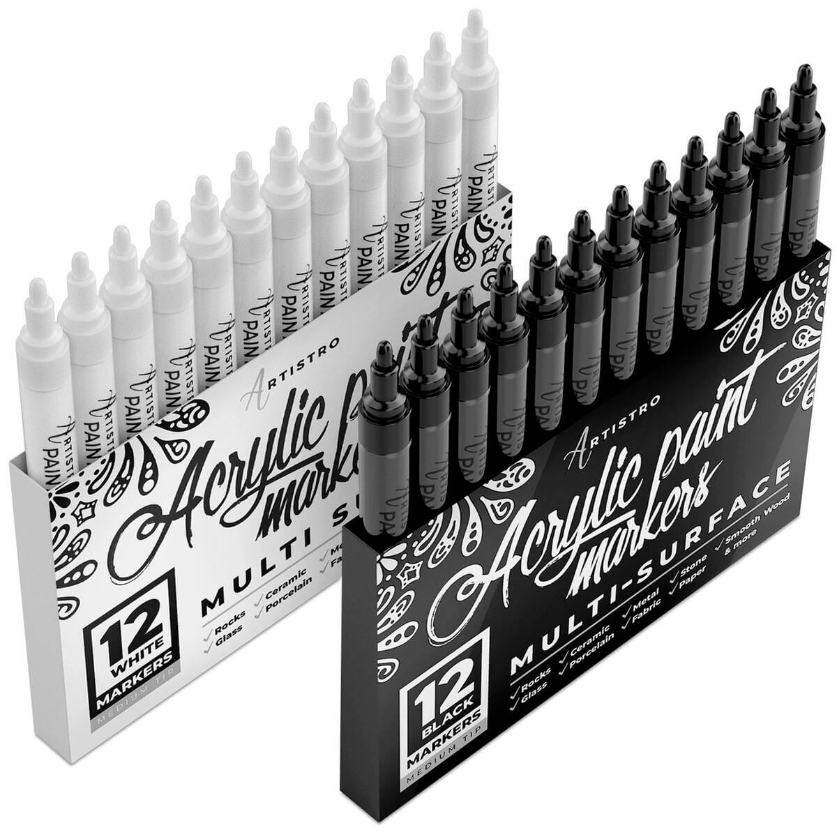 Arteza Acrylic Paint Markers, Pack of 12, White, Long-Lasting Acrylic Paint Pens with Plastic Nib, Art Supplies for Painting on Metal, Canvas, Rock, C
