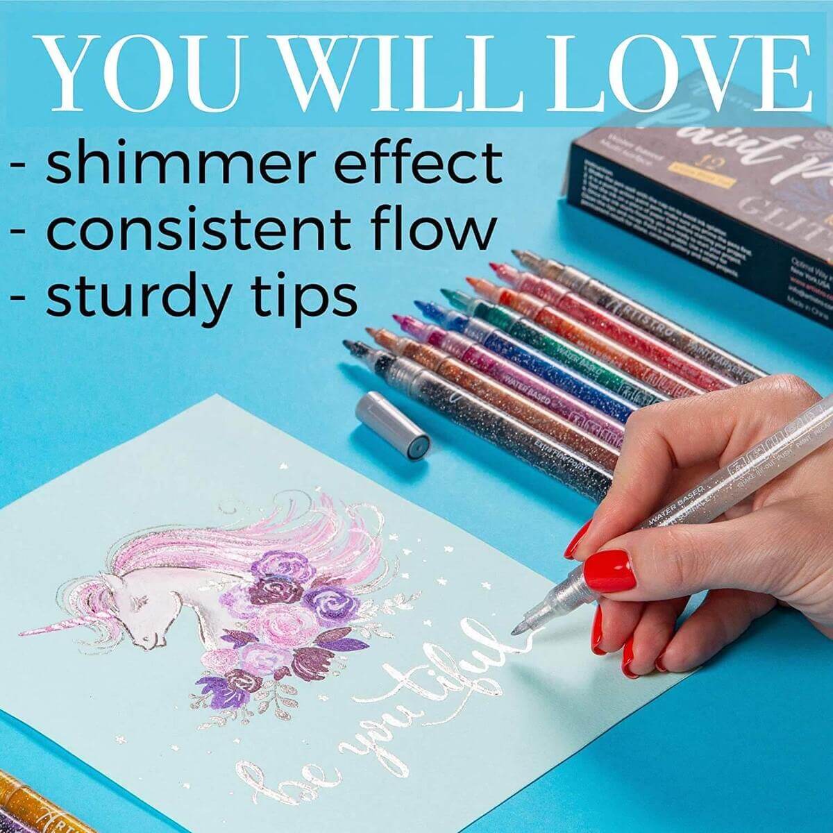 paint pens have shimmer effect, consistent flow, sturdy tips