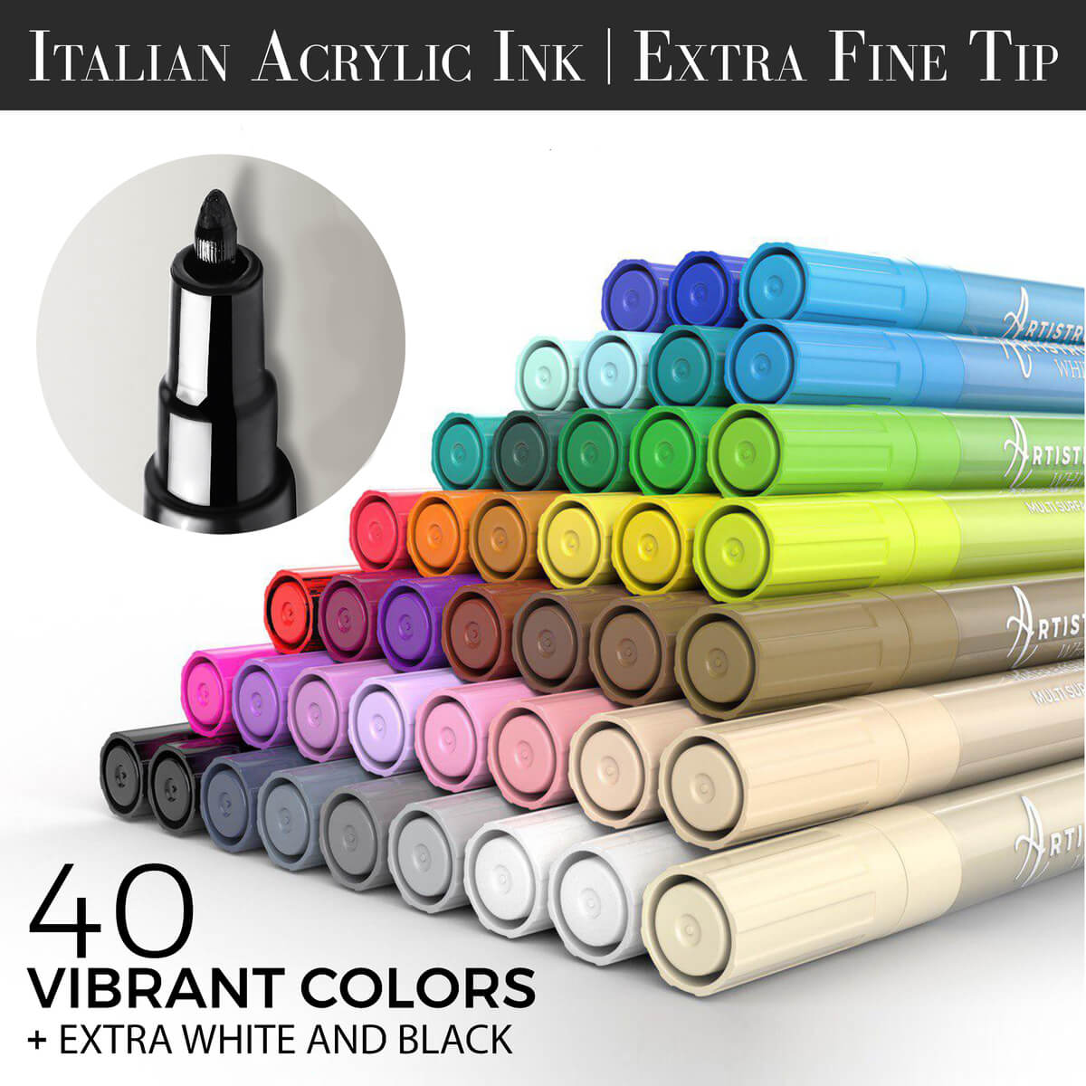 40 vibrant colors + extra white and black