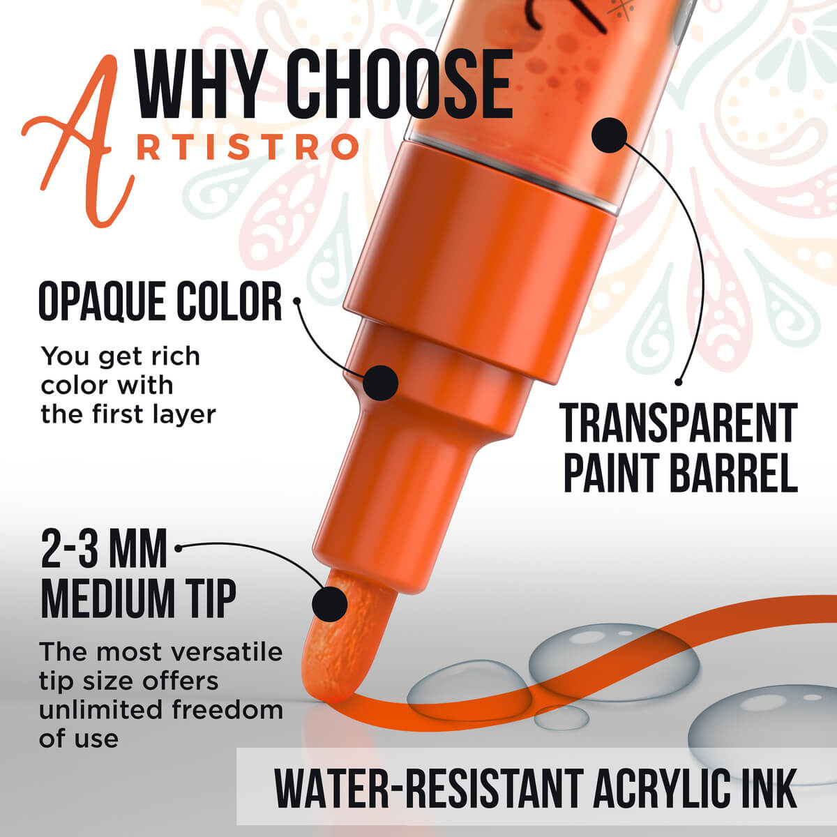 benefits: opaque color, transparent paint barrel, 2-3mm medium tip