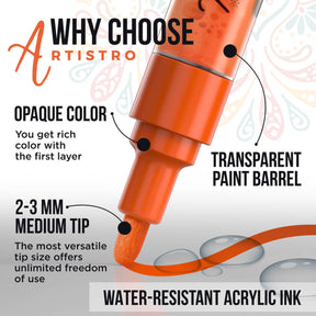 benefits: opaque color, transparent paint barrel, 2-3mm medium tip